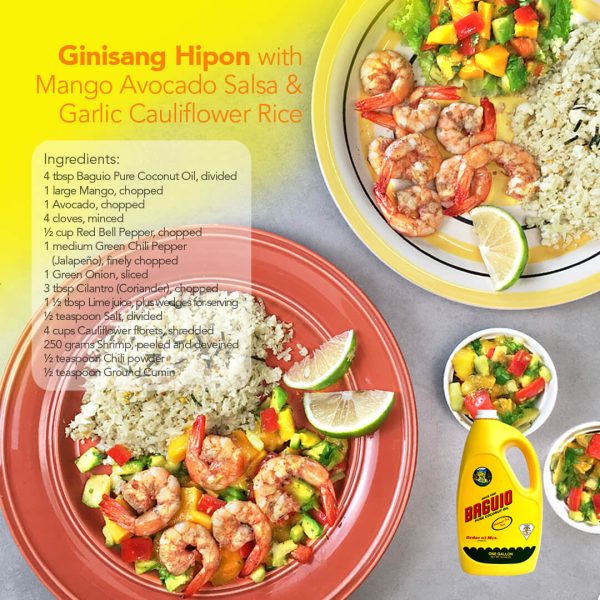 Ginisang Hipon with Mango Salsa and Garlic Cauliflower Rice